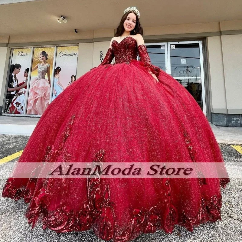 Vestidos de xv años quinceañeras červené šaty quinceanera s dlhými rukávmi zlatíčko Flitrovanie