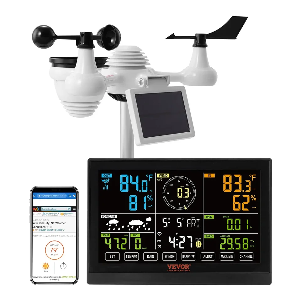 Veve Wi-Fi meteorologická stanica 7-v-1 7,5 vo farebnom displeji so slnečným bezdrôtovým výstražným výstrahom pre vonkajšie senzory pre teplotnú vlhkosť