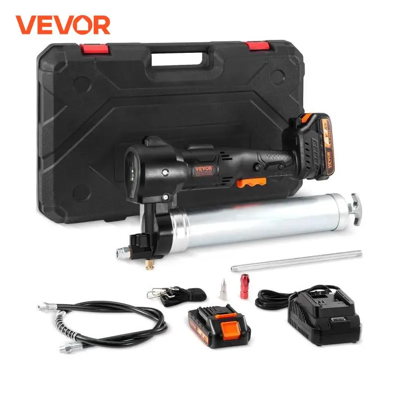 Vevor 10000psi 20-volt Adrokless Electric Grease Gun Kit batéria poháňaná dvoma batériami, ktoré prenášajú nabíjačku puzdra