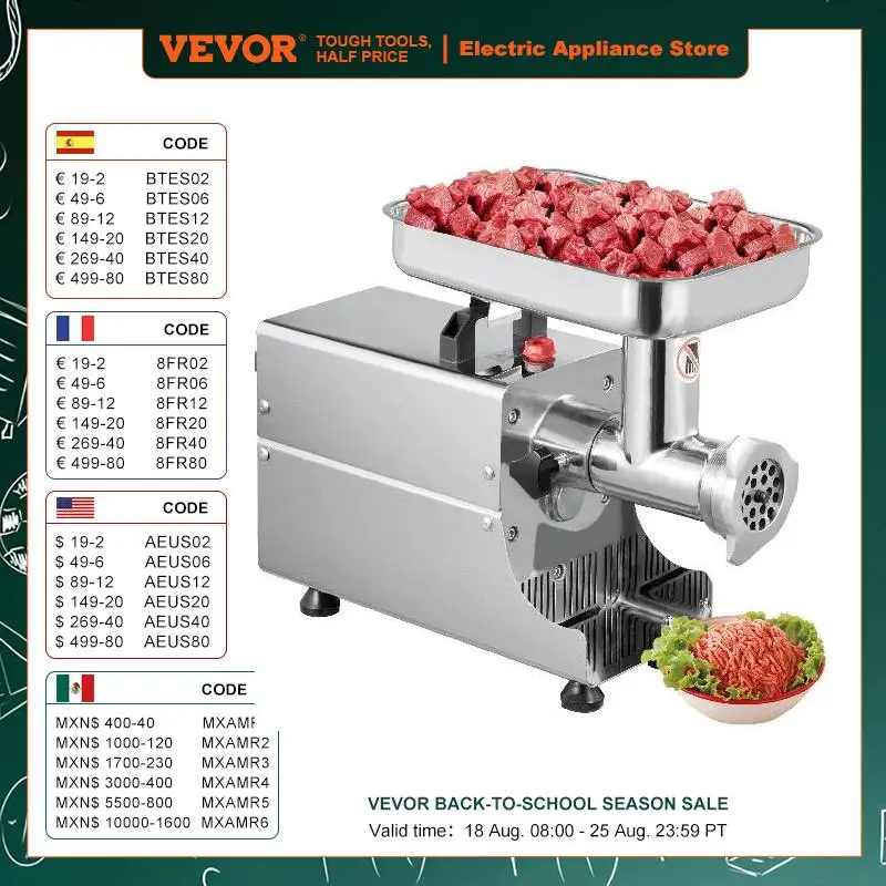 Vevor 250 kg/h Elektrické mäso Mincer Grinder 1100W Commercia