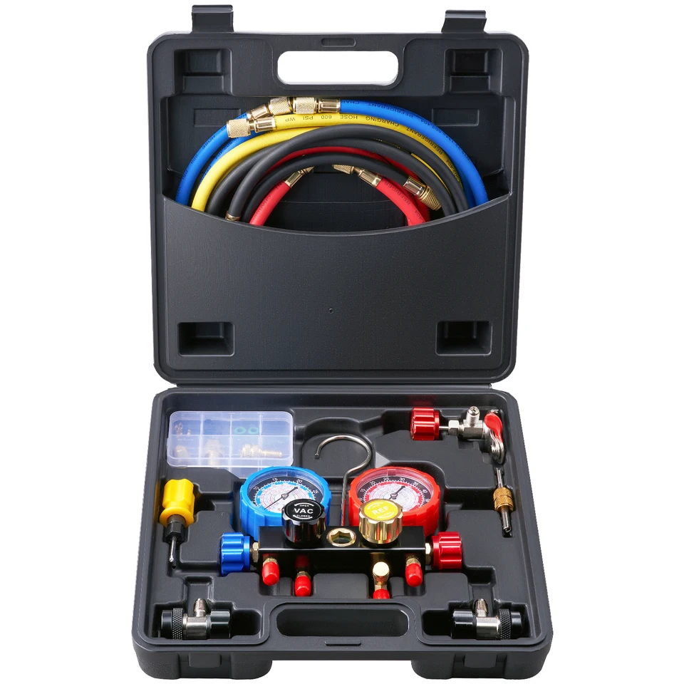 Vevor 4 -Way AC Gauge - AC -Maderolder Grasey Set pre chladivo R134A R22 R12 R410A, freon meradlá s 5ft hadicami, spojkami, môžu klepnúť