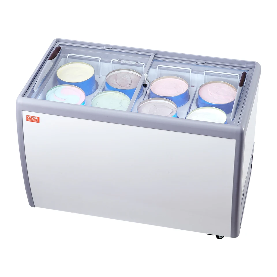 Vevor Commercial Ice Cream Disking Case, 13.1 Cu.ft hrudník mraznička, mobilný sklenený horný mraznička, reštaurácia Gelato ponorná skrinka