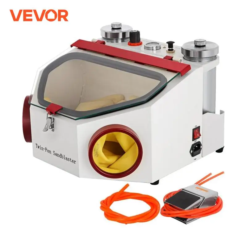 Vevor Dental Lab Sandblaster Equipment 2 Pen+2 nádrže s LED svetlom veľkého výhľadu okna a ovládanie pedálov na odstránenie oxidov