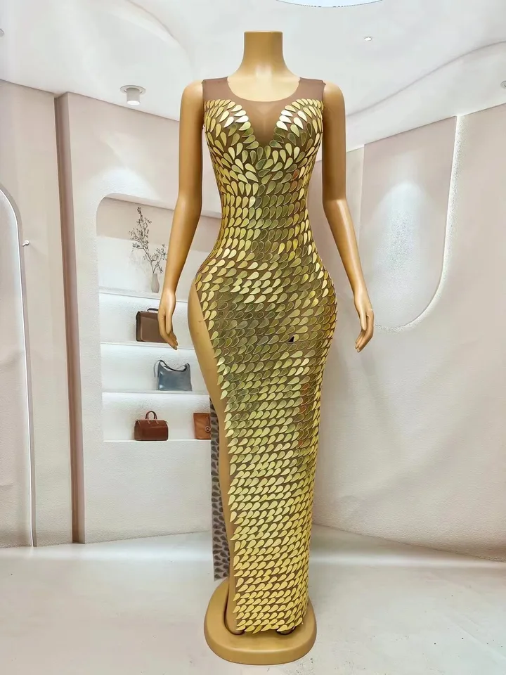 Večer strieborné zlaté zrkadlá kamienky Transparentné šaty bez rukávov Narodeniny oslavujú sexy outfit Prom Svadobné šaty