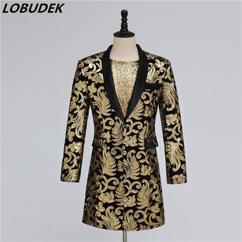 Večerná párty spevák hostiteľ zlaté flitre výšivky Long Coat Suit Jackets Nightclub Bar Concert Punk Formal Blazer plus veľkosť 3xl