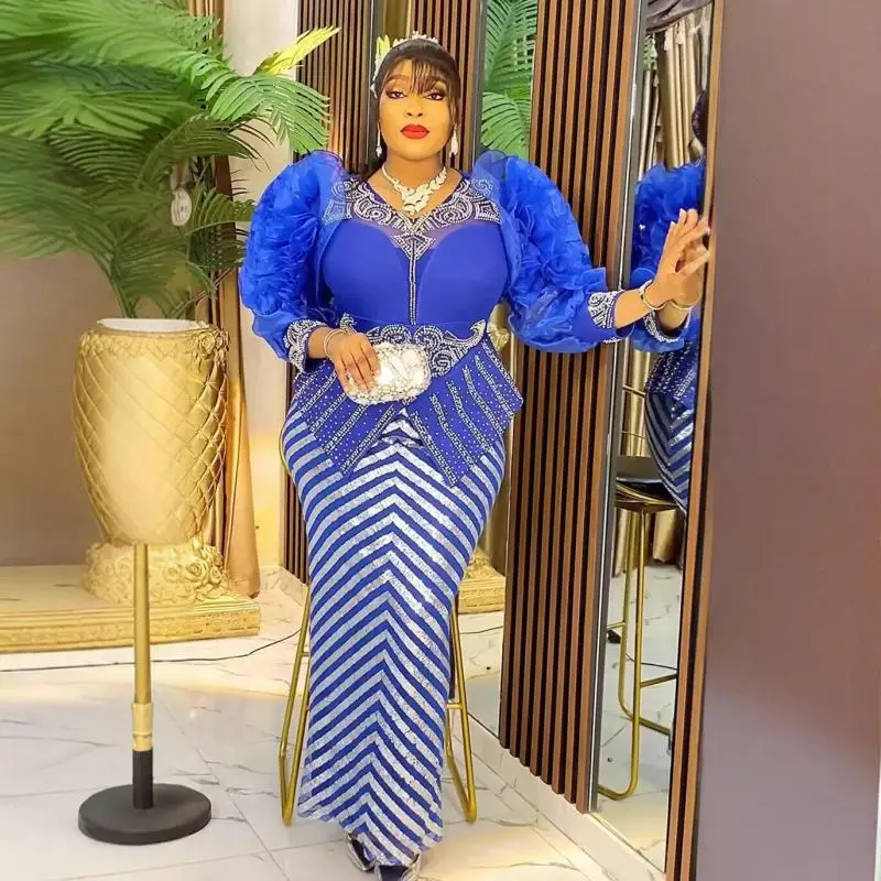 Večerné šaty s dlhým rukávom pre africké ženy Organza Flitry Bodycon Gowns Nigérijský módny luxusný nový L-3xl
