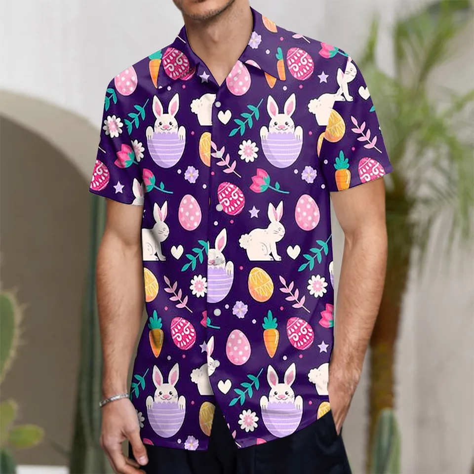 Veľkonočné 3D digitálne tlačené košele Pánske košele Funny roztomilý Cartton Rabbit Eggs Pattern Stručný rukáv klopne gombíky letné vrcholy letné vrcholy