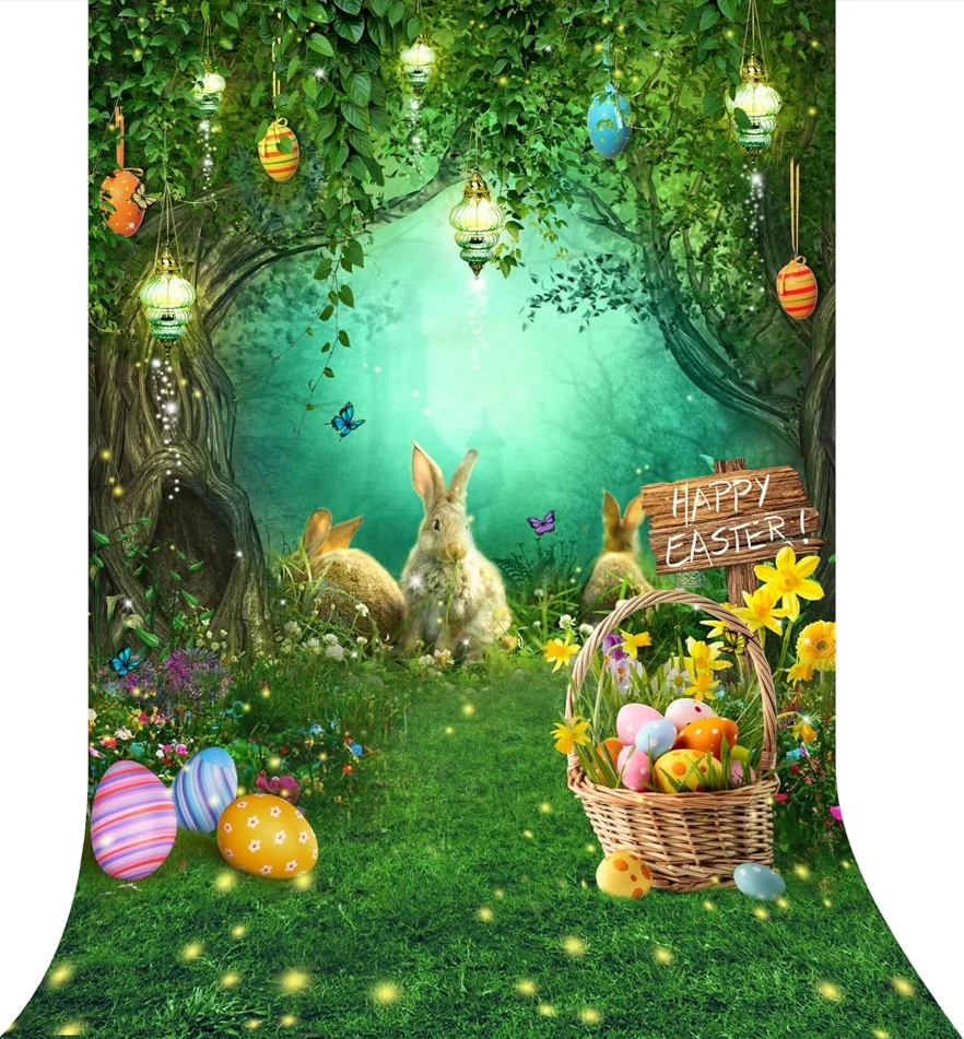 Veľkonočné pozadie očarovaný zajačik králičie vajcia Spring Wonderland Fairy Tale Garden Fantasy zeleň lesné pozadie pozadie