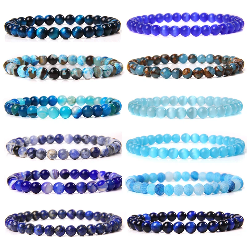 Veľkoobchod 6 mm prírodné kamenné korálky Náramok Blue Tiger Eye Lapis LaZuli Korálkový elastický náramok pre ženy pre mužov Jóga Energetické šperky