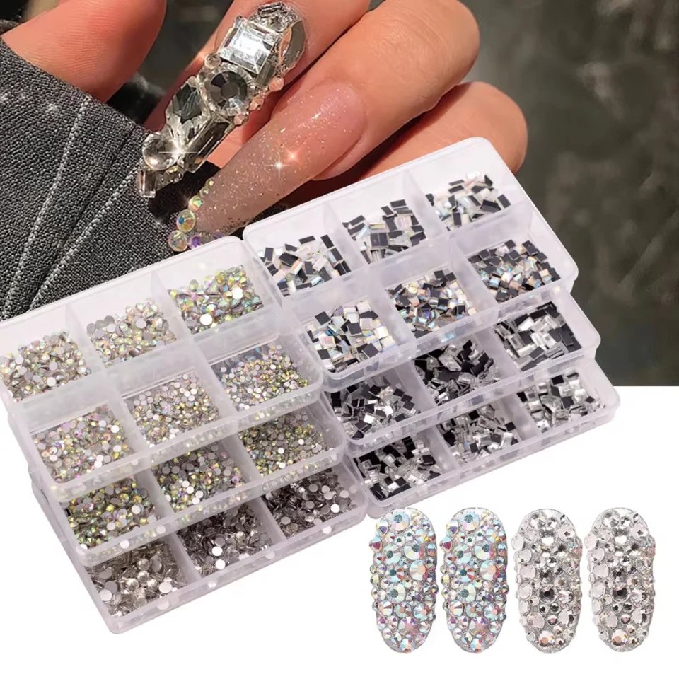 Veľkoobchod 6 mriežkových nechtových kamienkov Kopavia Round Crystals Multi Shapes Glass Nail Ghinestones a Karty nechtov