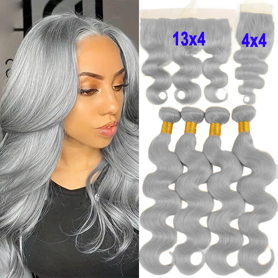 Veľkoobchod 8-30inch módne farebné zväzky vlasov ľudské vlasy remy strieborné šedé zväzky tela s HD Lace Closure a Frontal