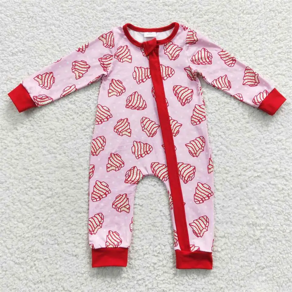 Veľkoobchod dievčatko Vianoce pre batoľa Tree Pink Romper Novonarodené dieťa Detské deti Snap gombíka deti zips s dlhým rukávom kombinézy s dlhým rukávom