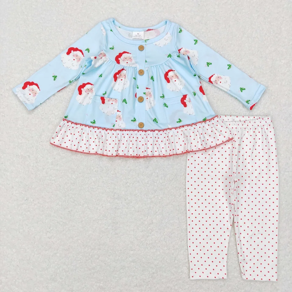 Veľkoobchod dievčatko Vianoce Santa modré dlhé rukávy vreckové deti outfit legíny nohavice oblečenie batoľa detské súpravy