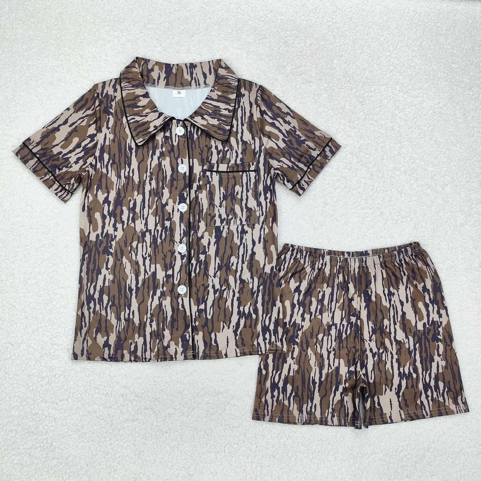 Veľkoobchod dospelých žien pyžamy krátke rukávy gombíky dole vreckové košeľa Set Sleewear Shorts Camo Outfit