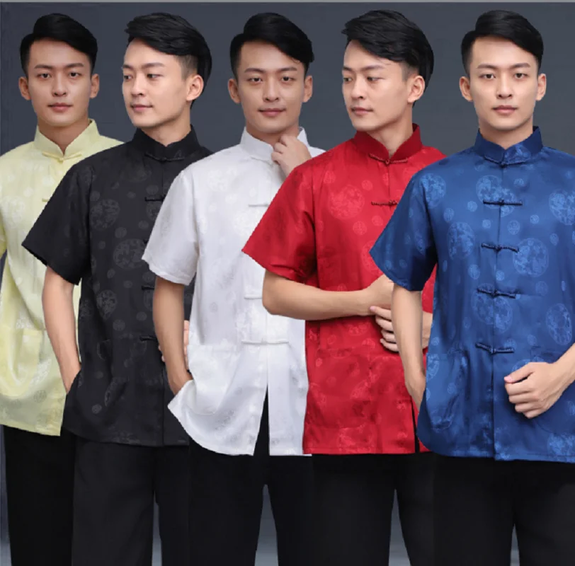 Veľkoobchod Čínsky štýl Muži Vysoko kvalitné saténové tričko s krátkym rukávom Vyšívané draka Tang Clothing Príležitostné košele Kung Fu Tops Tops