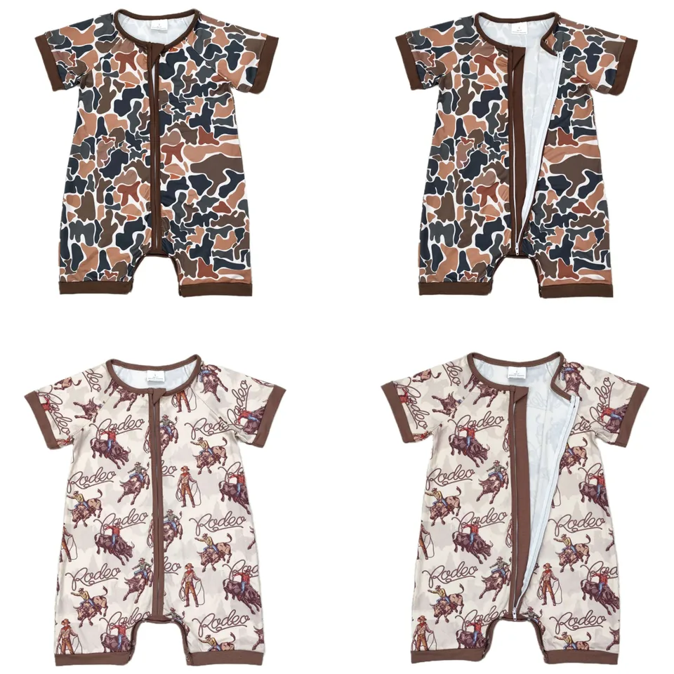Veľkoobchodné batoľa krátke rukávy Romper novorodenecké letné camo kone zips zips
