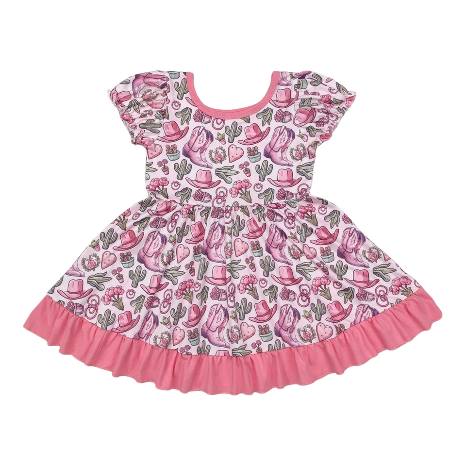 Veľkoobchodné batoľa Valentín Kid Western Dress Dievčatko Srdce oblečenie detské kaktusové kaktus krátke rukávy sa krúti oblečenie