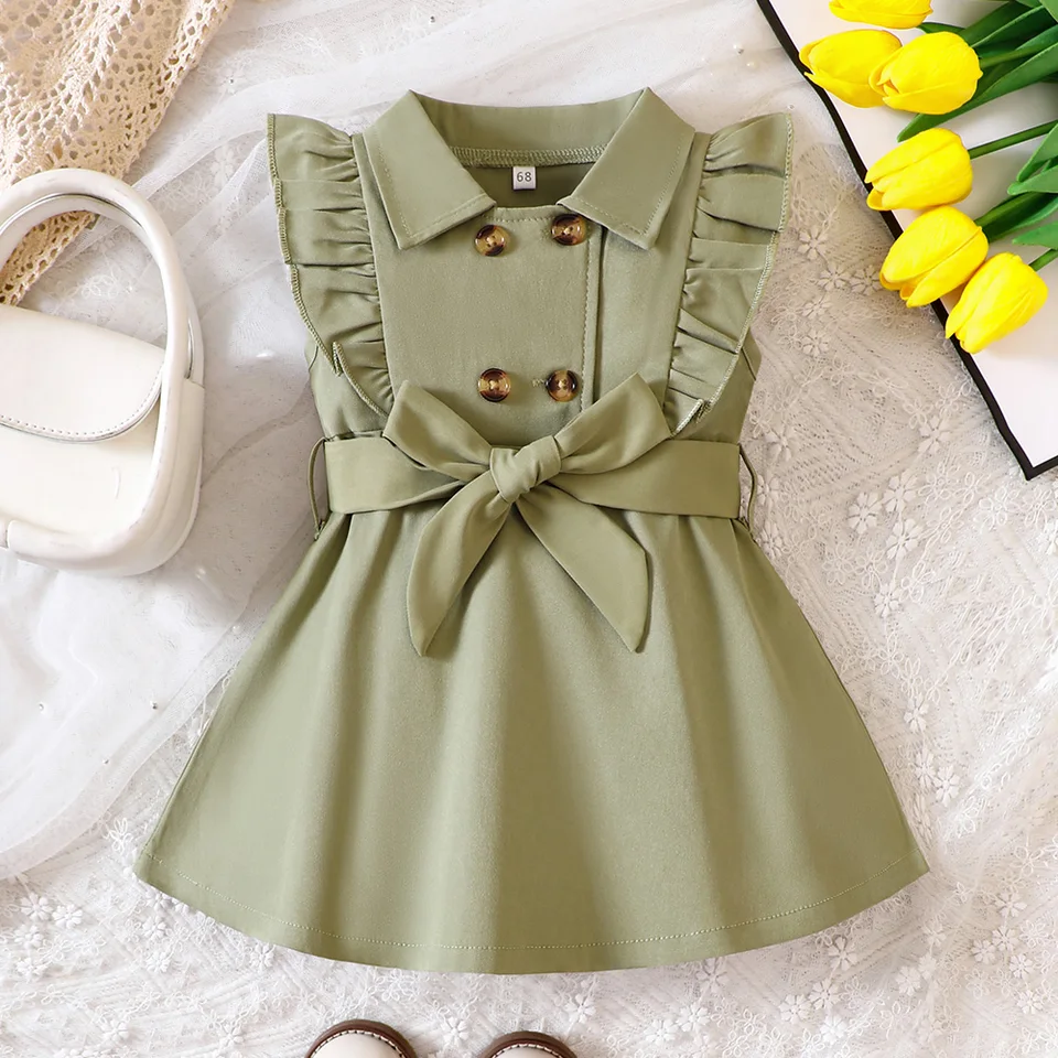 Veľkoobchodné deti Dievčatá retro solídne farebné priekopy pása šaty s dvojitým prsiami Elegantné letné detské šaty