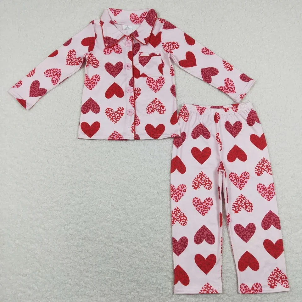 Veľkoobchodné deti Srdce Stavte dlhé rukávy gombíky na košeľu nohavice Kids Detské spánkové oblečenie dievčatko Valentínsky deň pyžamy