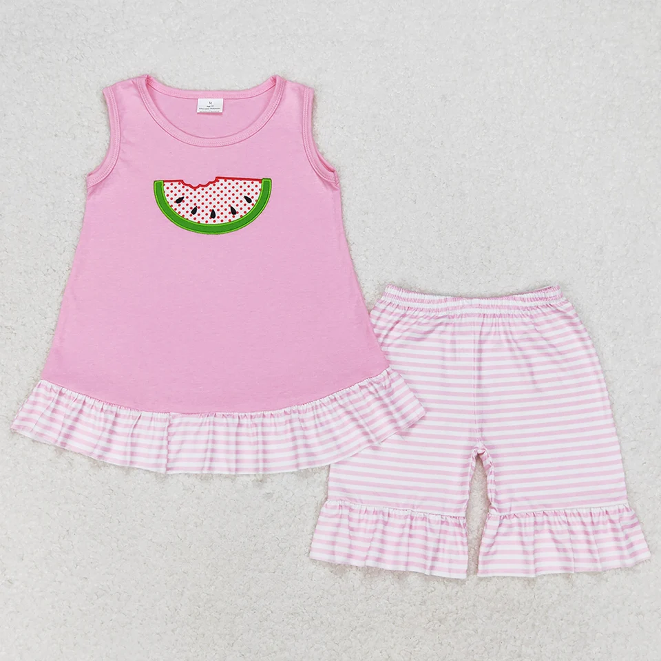 Veľkoobchodné dievčatká oblečenie ružový melón tunika Top Ruffy Thorts Sets Summer batoľatá dojčenské dievčatá oblečenie butikov