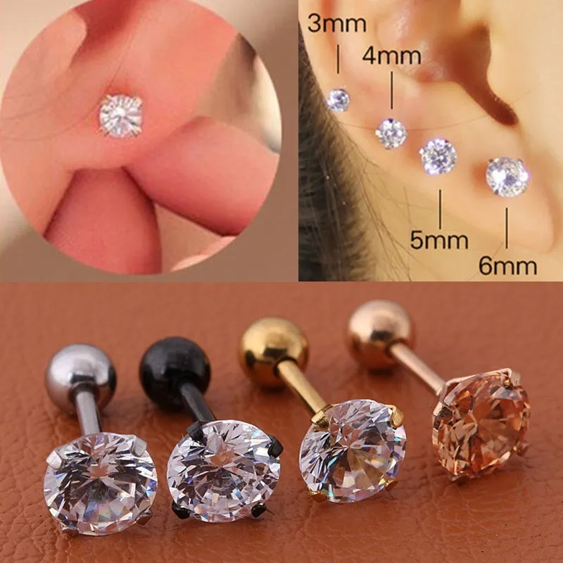 Veľkosť 1pc/šarža 3/4/5/6 mm 4 farby Punk Medicle Healtless Titanium Steel Ily Zirkón Crystal Stud náušnice pre mužov Dámske večierky