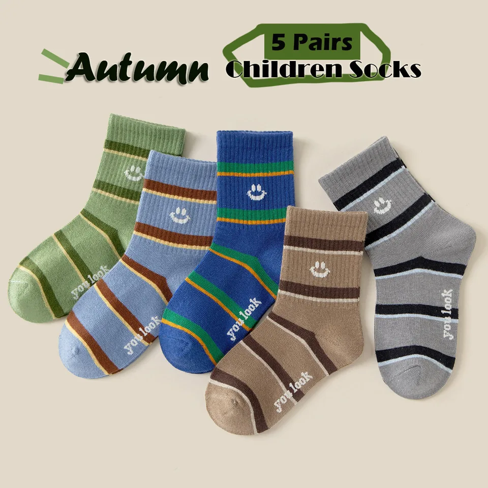 Veľkosť 25-42 Detské ponožky Jesenné ponožky Boys Dievčatá Trendy Pattern Sport Sock Mid Calf ponožky bavlnené ponožky 5 párov