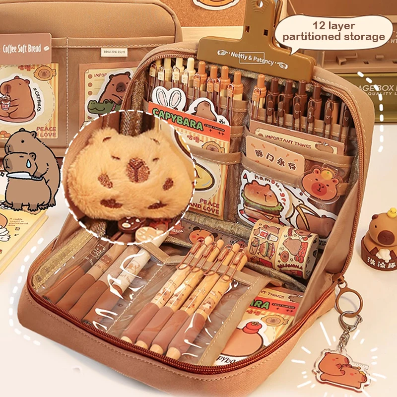 Veľká kapacita Kawaii Capybara Viacvrstvové kancelárske potreby Karikatúra Roztomilé puzdro pre ceruzku Jednoduché kozmetické tašky Školské kancelárske potreby