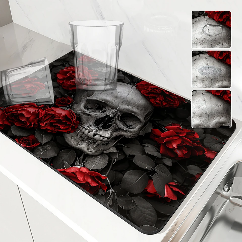 Veľká kuchyňa absorbujúca podložka Halloween lebka Antiskid odvodňujúca kávu sušiace podložka Rýchle suché kúpeľňové odtokové podložky Rat