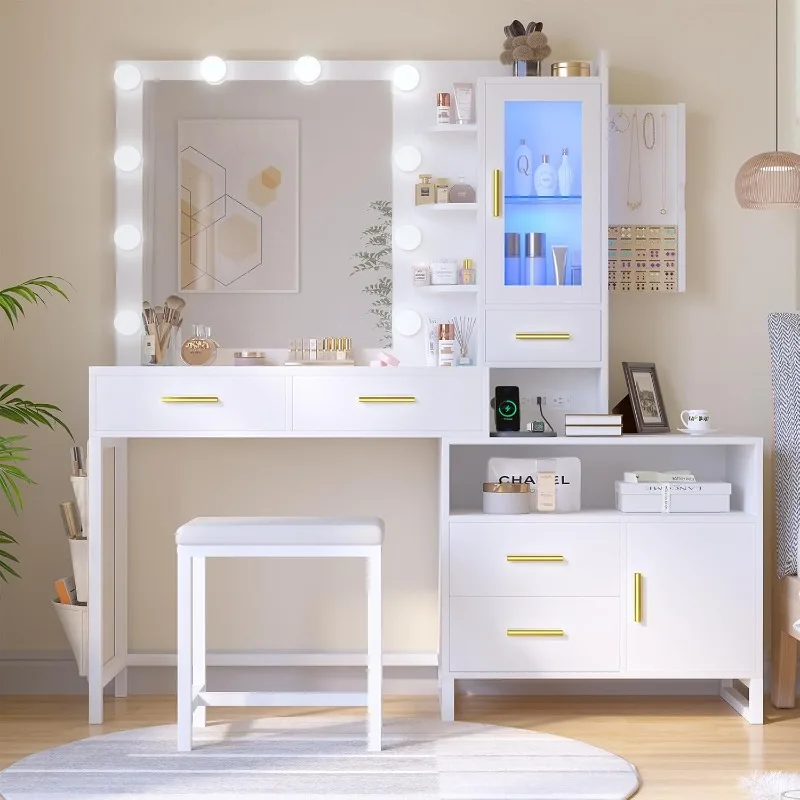 Veľká márnosť stola so zrkadlom a svetlami, make -up márnosť stola s 5 zásuvkami a nabíjacou stanicou, márnosť stola s RGB LED