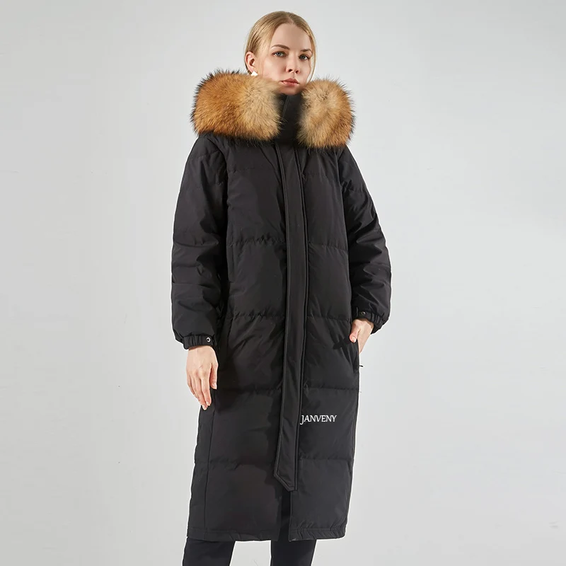 Veľká skutočná mývala líška Fox Fur Collar Down Jacket Ženy zimné odnímateľné kapucňa extrémne studená zahustená nad kabátom nafúknutia kolenom