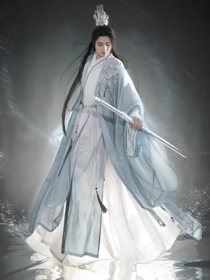 Veľká veľkosť 2xl hanfu muži čínska pieseň Dynastia moderný štýl Zelený a biely hanfu súpravy Muž Halloween Cosplay kostým Pánny hanfu