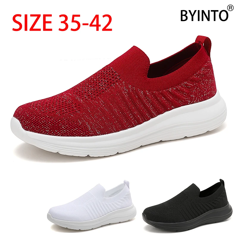 Veľká veľkosť 35-42 Slip-On Priedubné sieťové dámske tenisové športové topánky Super svetlo Soft Sole tenisky Red ponožka obuv Tenis feminino
