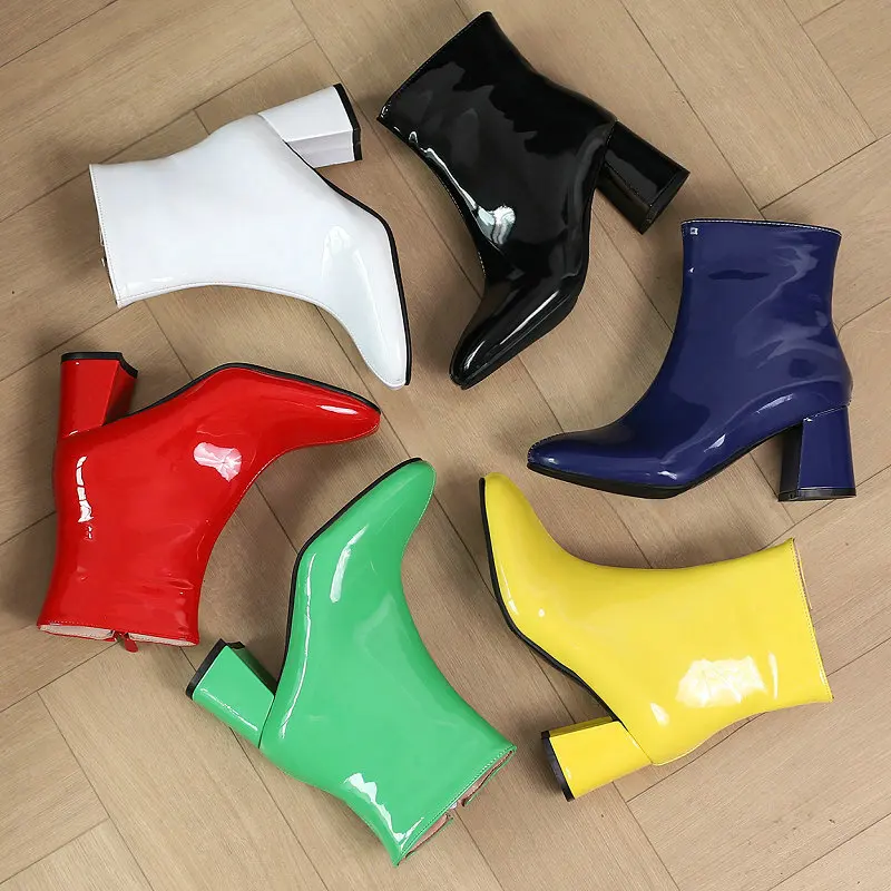 Veľká veľkosť 48 49 50 Patent Pu Lease Green Yellow Winter topánky pre ženy lesklé štvorcové vysoké podpätky Warm členok Chelsea topánky
