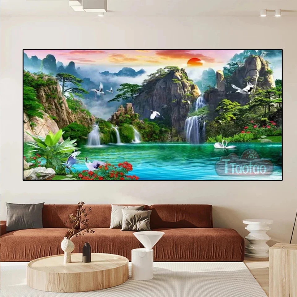 Veľká veľkosť 5D Waterfall Mountain Lake Prírodná krajina DIY DIY Plné štvorcové okrúhle mozaiky Diamantové maľovanie ručne vyrábané krížové stehy