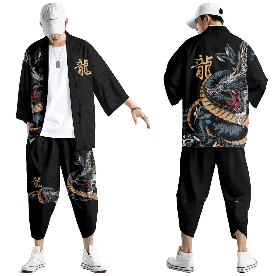 Veľká veľkosť 5xl 6xl japonské kimono kardiganové nohavice sada tlač drakov Dragon Men Dámske košele Tradícia Yukata Haori Obi Cosplay kostým
