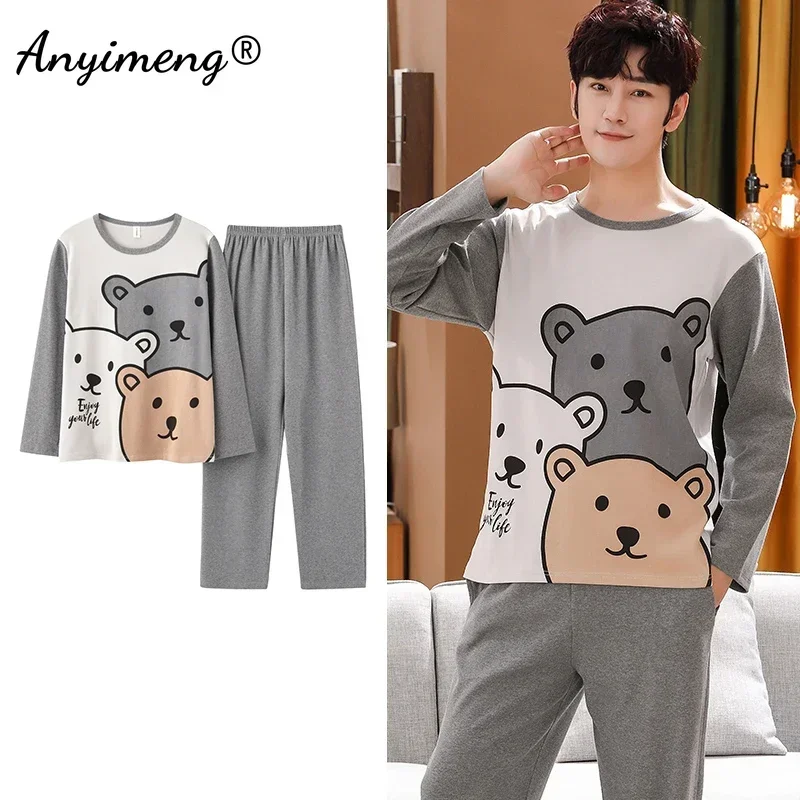 Veľká veľkosť jeseň New Mens Casual Pajamas Set Cotton s dlhým rukávom kawaii medveď karikatúra tlačiareň spánok pre mužov pijama pre chlapca