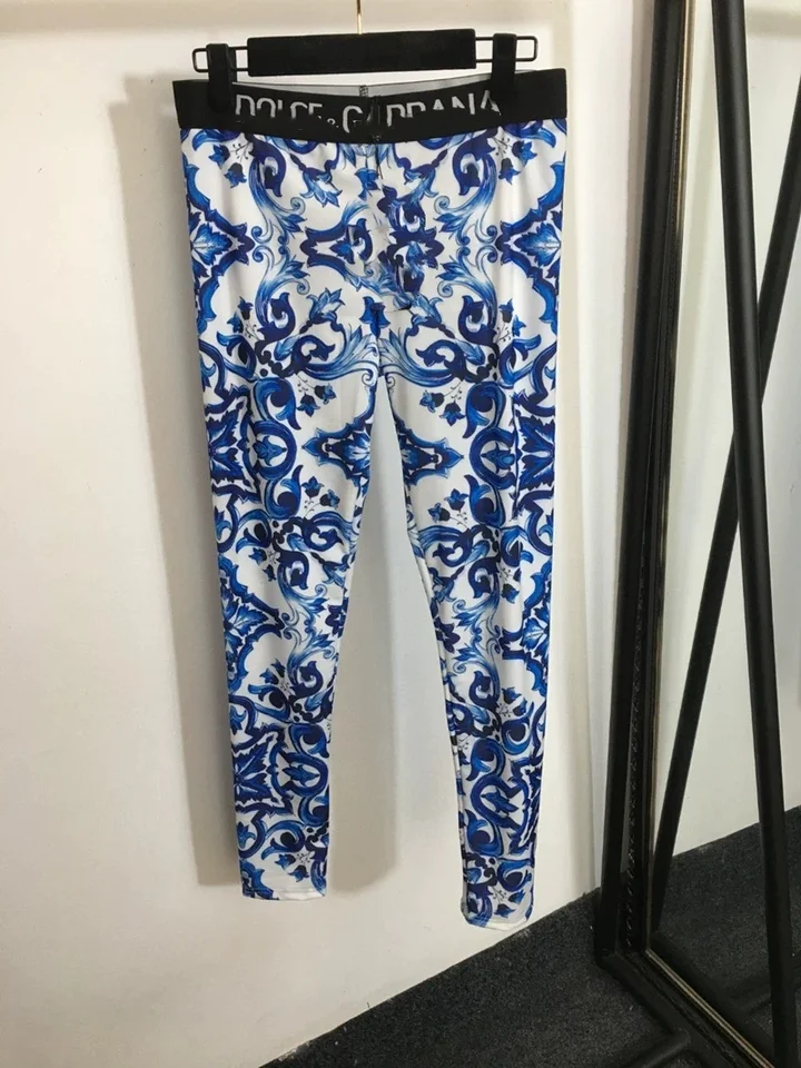Veľká veľkosť vintage modrá a biela porcelánová list Webbing Street Fashion Sexy Slim Yoga Barbie Pants Dámske proti vráskam Fabri