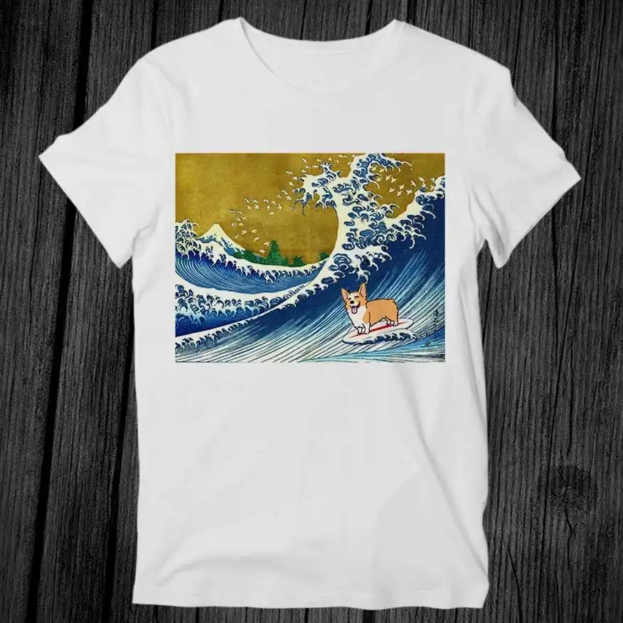 Veľká vlna z Kanagawa surfing corgi psa tričko pre dospelých cool hudba módna módna vintage retro g381
