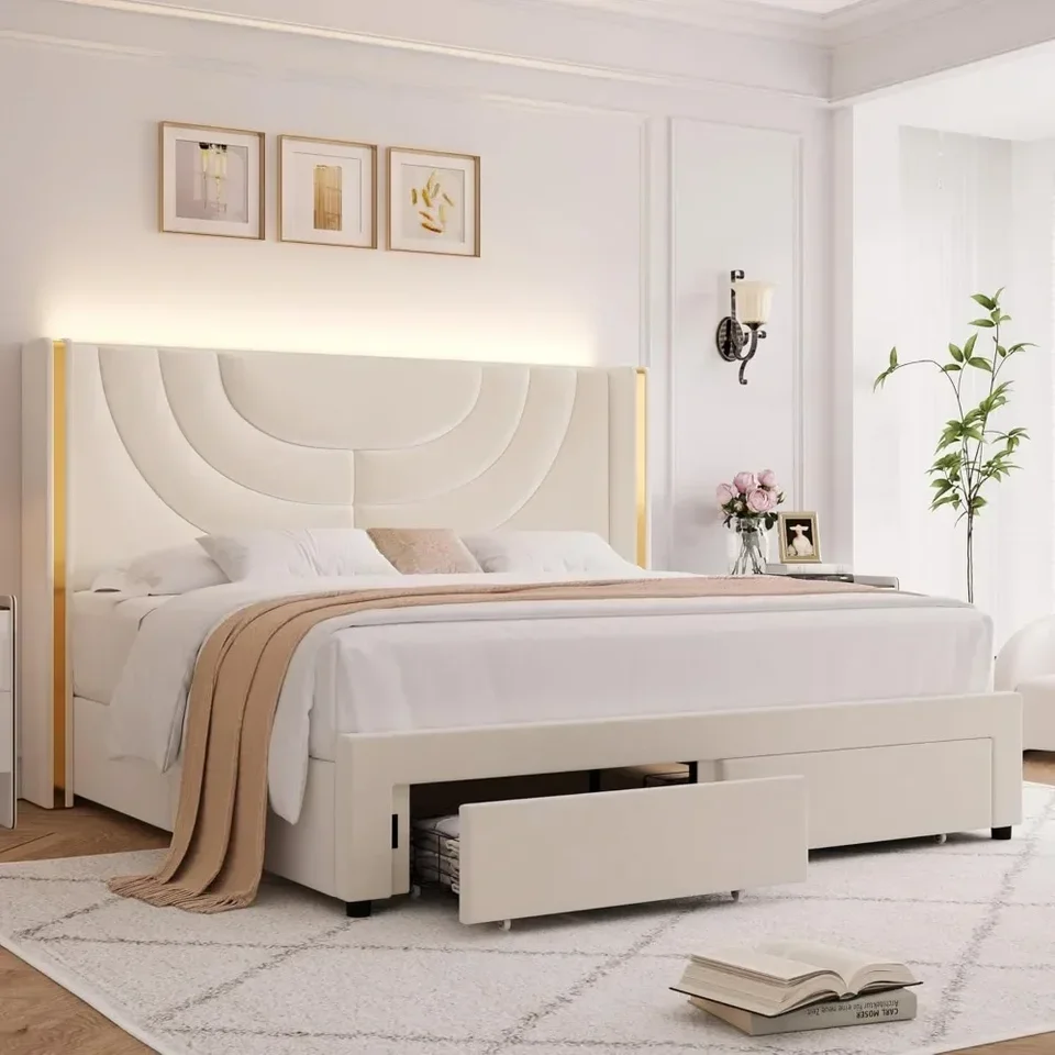 Veľká čalúnená LED Bedstead s 2 úložnými zásuvkami, zamatová plošina, čelo postele s chrbtom krídla, pevné drevené ploché rezance