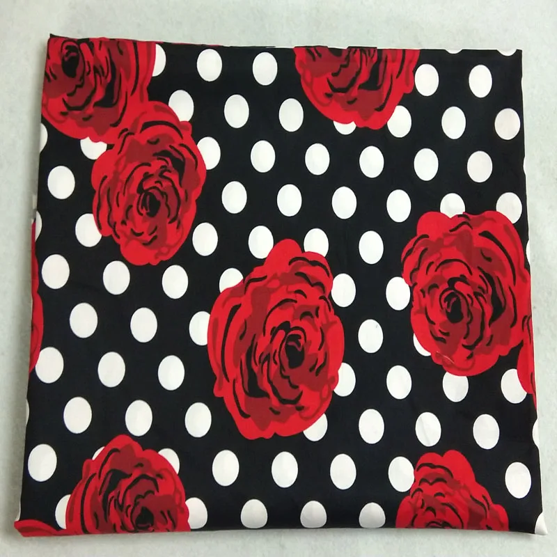 Veľká čierna biela polka dot a červené kvitnúce ružové kvetiny potlačené bavlnené spandex látky kvetinová tkanina natiahnuteľná elastická elastická tkanina