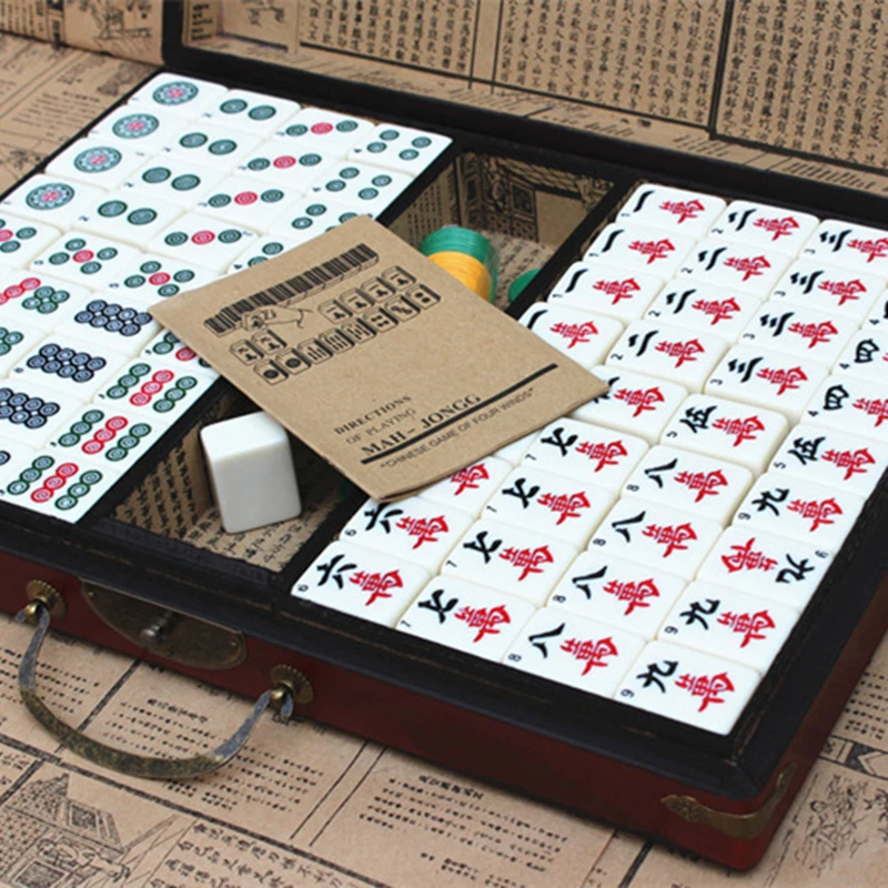 Veľké Mahjong Prenosné drevené škatule Set stolová hra Mah-Jong Cestovná hra Indoor Antique Leather Box English Manual