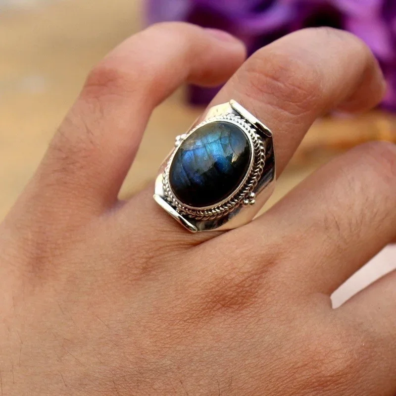 Veľké starožitné šperky Prírodné drahokamy labradorite prsteň svadobné zásnubné prstene Veľkosť 6-10