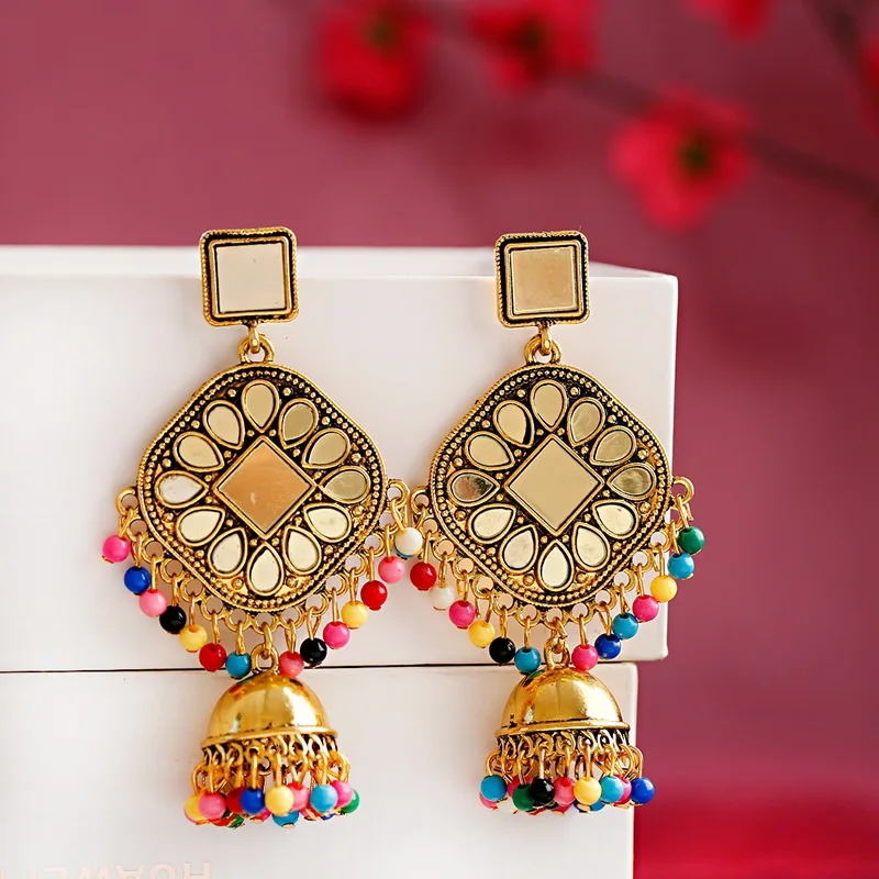 Veľké strieborné farby Ženy Jhumka náušnice Indické šperky Corful Beads Bell Tassel náušnice kvetina Tibetan šperky boucle d'Oreille
