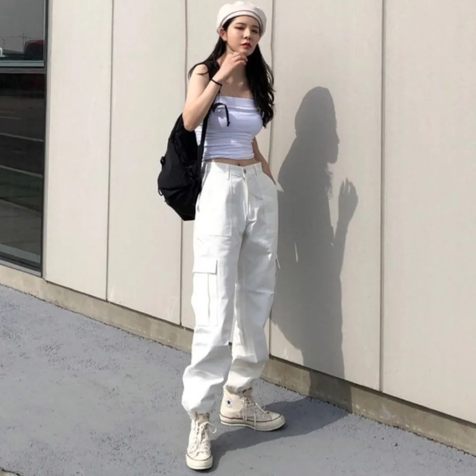 Veľké vrecká nákladné nohavice Dámske streetwear módne bežky Žena s vysokým pásom ceruzky Príležitostné nohavice dievča retro vinobranie biela čierna