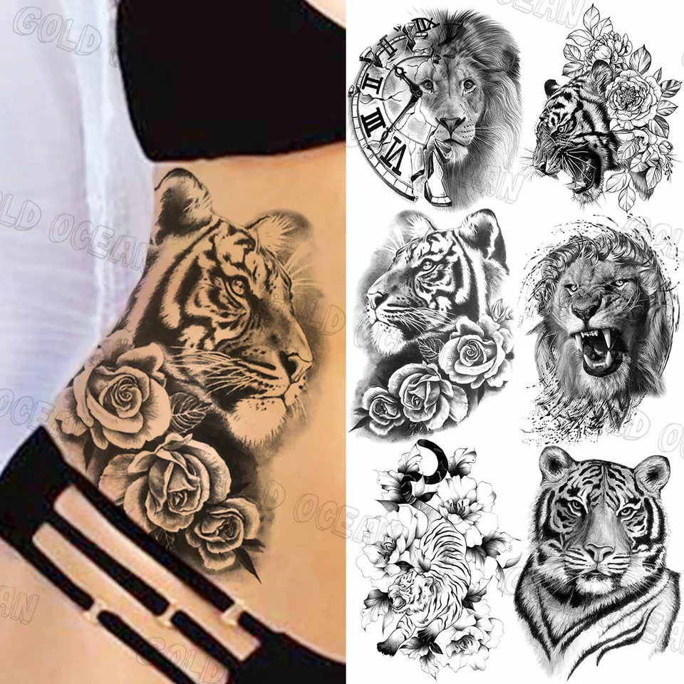 Veľké čierne tiger kvetina dočasné tetovanie pre ženy Muži Compass lev dahlia falošné tetovacie nálepky sexy pasáre pláž Tatoos hrudník