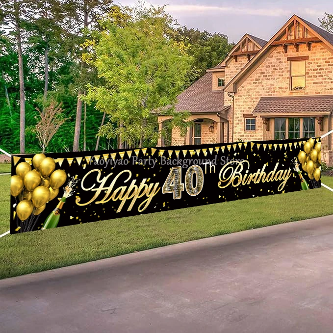 Veľké šťastné 40. narodeniny dekorácia Banner Čierne a zlaté všetko najlepšie k narodeninám Banner Yard Sign Party Pozadie dodávok (9,8x1,6 stôp)
