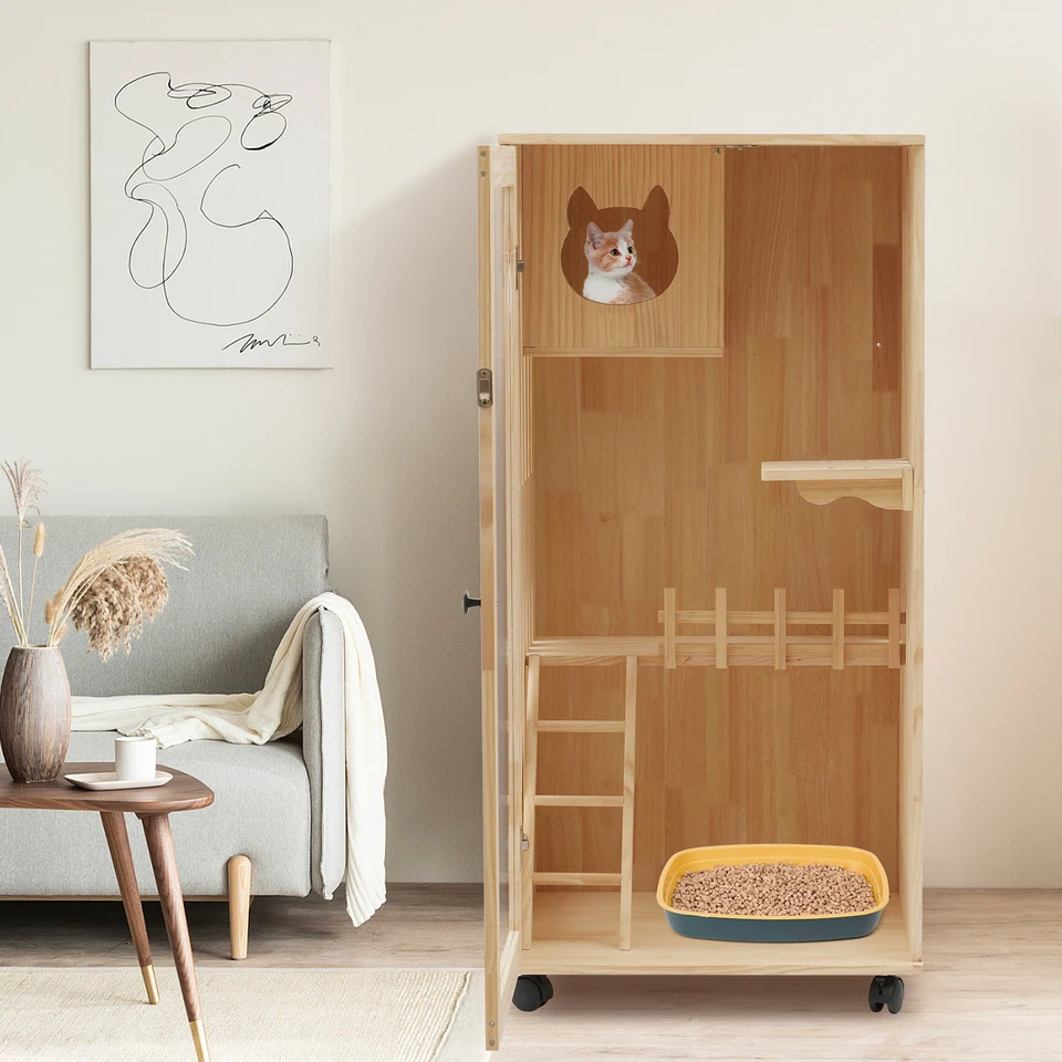Veľký drevený mačkový dom luxusný viacstranný mačka byt Cat Cat Condo s mačacím poškriabaním stĺpcov nadmerne veľkej mačky vily na kolesách