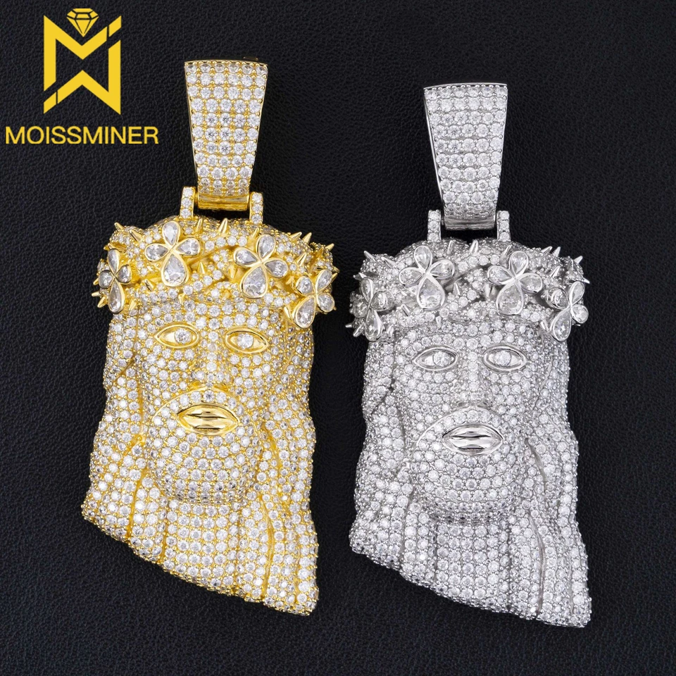 Veľký okvetný lístok Jesus Hlava Moissanit Pendant S925 Strieborné ľadové ľadové dámske ženy Náhrdelník Hip Hop Jewelry Pass Diamonds Tester s GRA