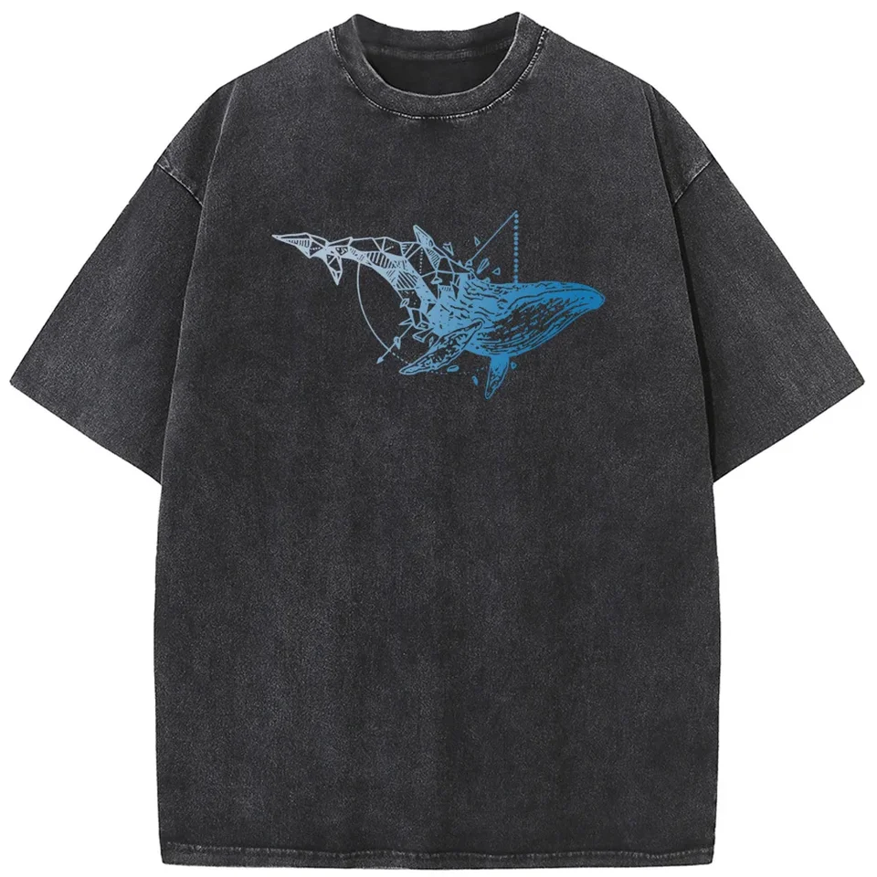 Veľryba geometrie unisex na umývané tričko 2023 Novinka 230G bavlna letné bielené tričko Tshirt Funny Casual Loose Bleach Tops Tee TEE