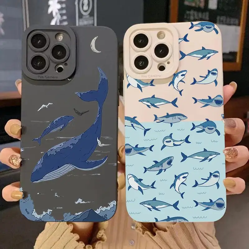Veľryby plávanie silikónové puzdro na telefónne sklz Soft Soft TPU Telefón Ochranný kryt pre iPhone 16 Pro Max 15 Pro 14Plus 13 12 11 xr x